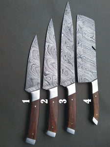 Set of 4 Custom Handmade Damascus Steel Hunting Chef Knife with Rose Wood Handle