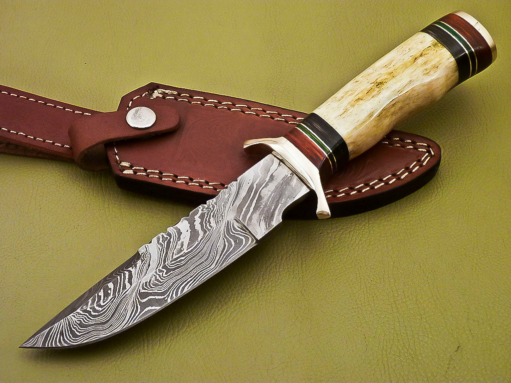 Custom Handmade Damascus Steel Hunting Knife with Color Camel Bone Han –  USKnife4u