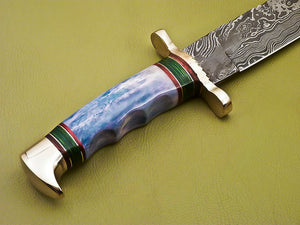 Custom Handmade Damascus Steel Hunting Knife with Colored Bone Handle