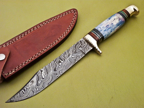 Custom Handmade Damascus Steel Hunting Knife with Colored Bone Handle