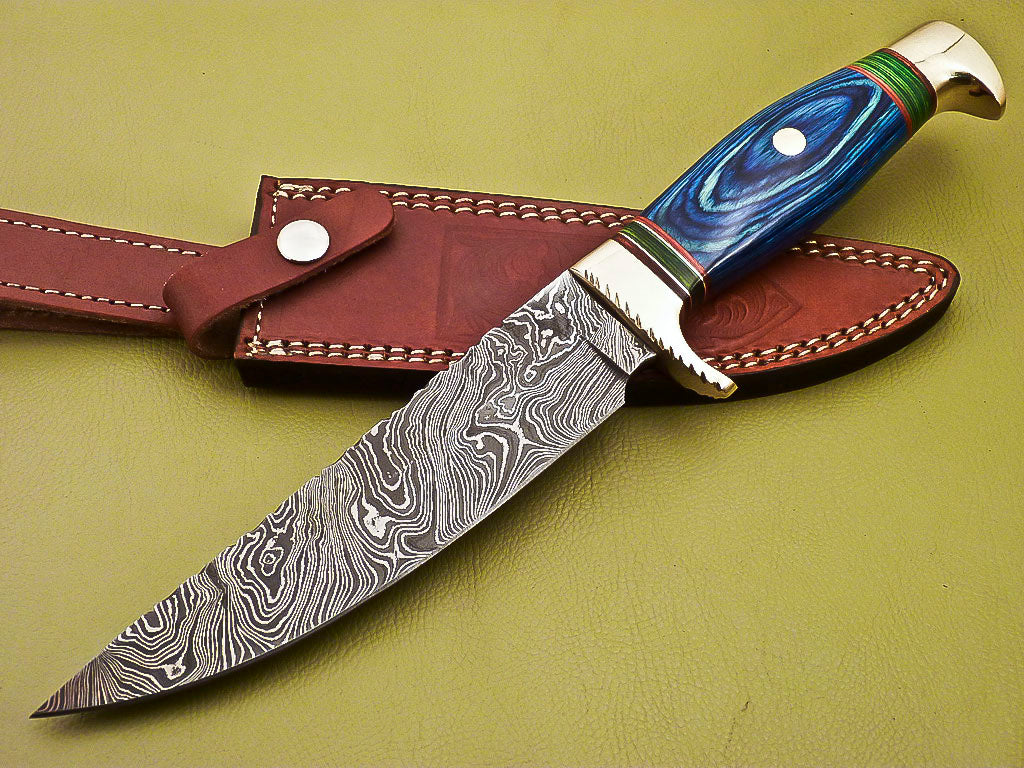 Custom Handmade Damascus Steel Hunting Knife with Colored Pakka
