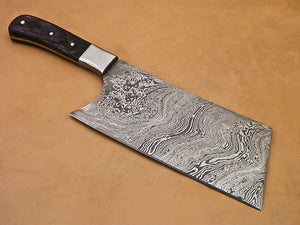 Custom Handmade Damascus Steel Hunting Cleaver with Wood Handle