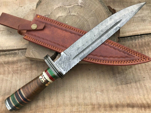 Custom Handmade Damascus Steel Bowie Knife with Rose Wood Handle