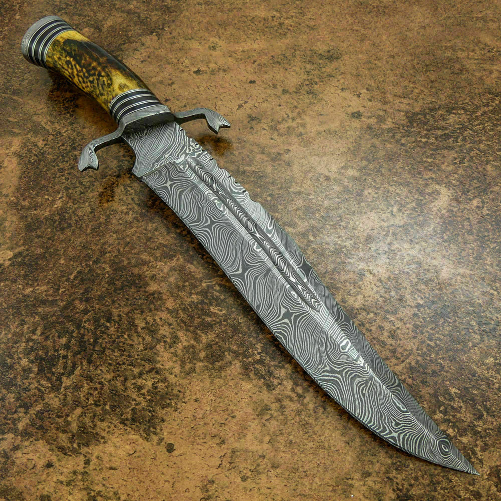 Custom Handmade Damascus Steel Bowie Knife with Stag/Antler Handle