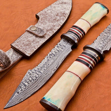 Load image into Gallery viewer, Custom Handmade Damascus Steel Bowie Knife with Camel Bone Handle