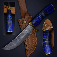 Load image into Gallery viewer, Custom Hand Made Damascus Steel Colored Wood Hunting Bowie Knife