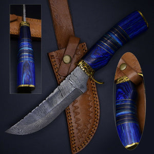 Custom Hand Made Damascus Steel Colored Wood Hunting Bowie Knife