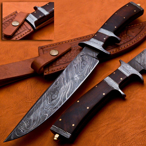 Custom Handmade Damascus Steel Bowie Knife with Rose Wood Handle