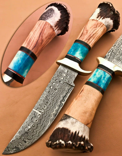 Custom hand Made Damascus Steel Hunting Bowie Knife with Crown Stag Horn Handle