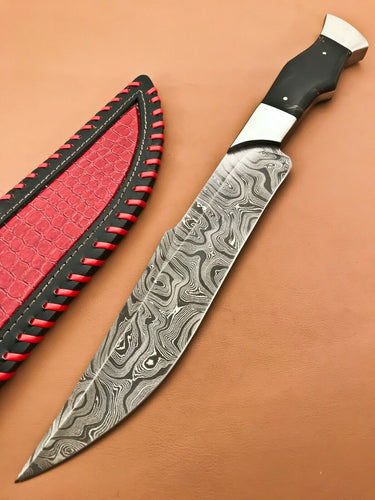 Custom Handmade Damascus Steel Bowie Knife with Bull Horn Handle