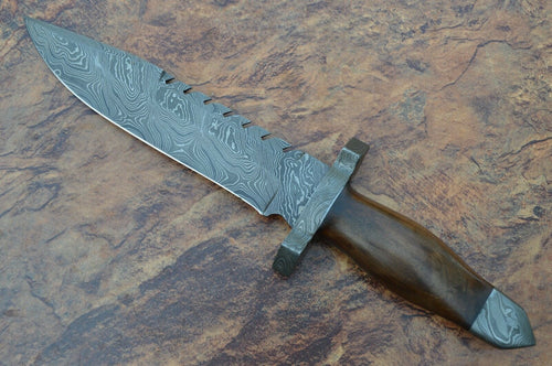 Custom Handmade Damascus Steel Bowie Knife with Wood Handle