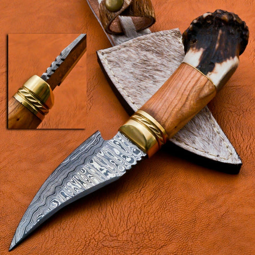 Custom Handmade Damascus Steel Mini Bowie Knife with Crown Stag Handle