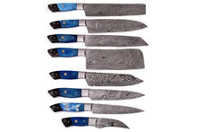 Load image into Gallery viewer, Set of 8 Custom Made Damascus Steel Chef Knifes Set with Colored Bone &amp; Bull Horn Handle