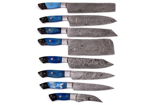 Set of 8 Custom Made Damascus Steel Chef Knifes Set with Colored Bone & Bull Horn Handle