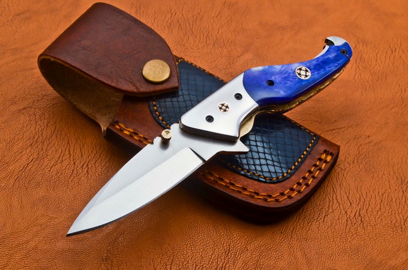 Custom Hand Made D2 Steel Hunting Pocket Knife With Colored Bone Handle