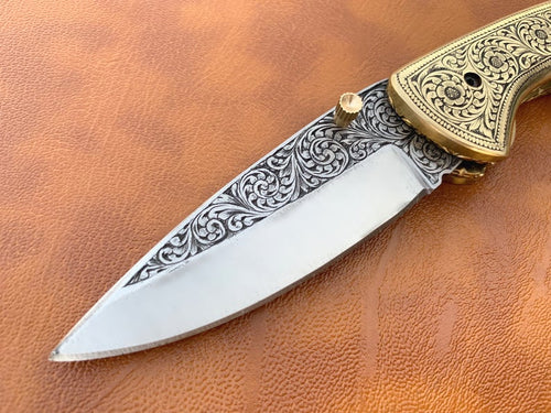 Custom Hand Made D2 Steel Hunting Pocket Knife with Brass Engraved Handle