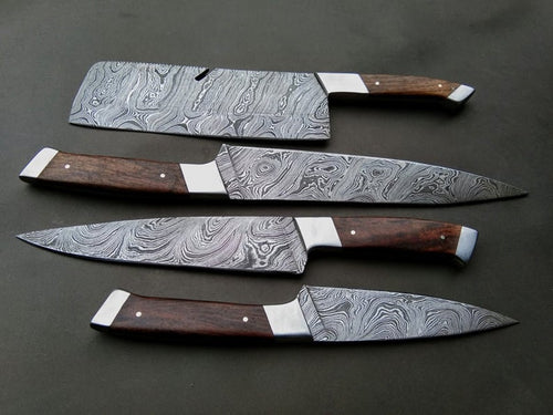 Set of 4 Custom Handmade Damascus Steel Hunting Chef Knife with Rose Wood Handle