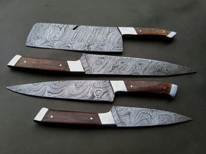 Set of 4 Custom Handmade Damascus Steel Hunting Chef Knife with Rose Wood Handle