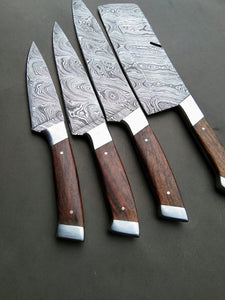 Set of 4 Custom Handmade Damascus Steel Hunting Chef Knife with Rose Wood Handle