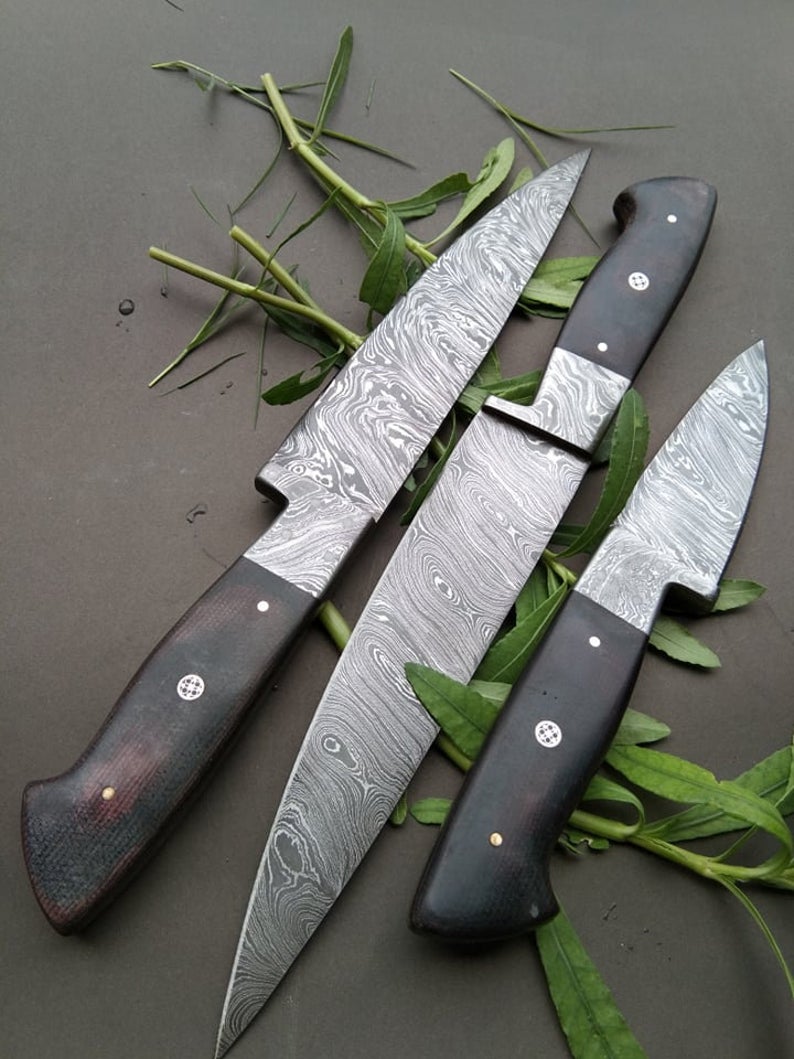 Set of 3 Custom Handmade Damascus Steel Kitchen Knifes with Micarta Handle