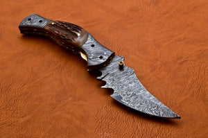 Custom Hand Made Damascus Steel  hunting Pocket Knife with Stag Horn Handle