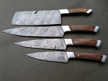 Load image into Gallery viewer, Set of 4 Custom Handmade Damascus Steel Hunting Chef Knife with Rose Wood Handle