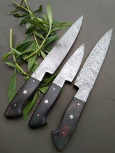 Load image into Gallery viewer, Set of 3 Custom Handmade Damascus Steel Kitchen Knifes with Micarta Handle