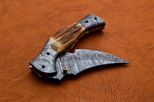 Load image into Gallery viewer, Custom Hand Made Damascus Steel  hunting Pocket Knife with Stag Horn Handle