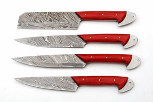 Set of 4 Custom Hand Made Damascus Steel Chef Knife with Red Colored Wood Handle