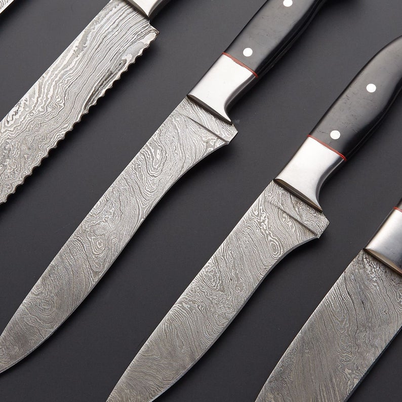 Set of 6 Custom Handmade Damascus Steel Chef Knife Set with Bull Horn Handle