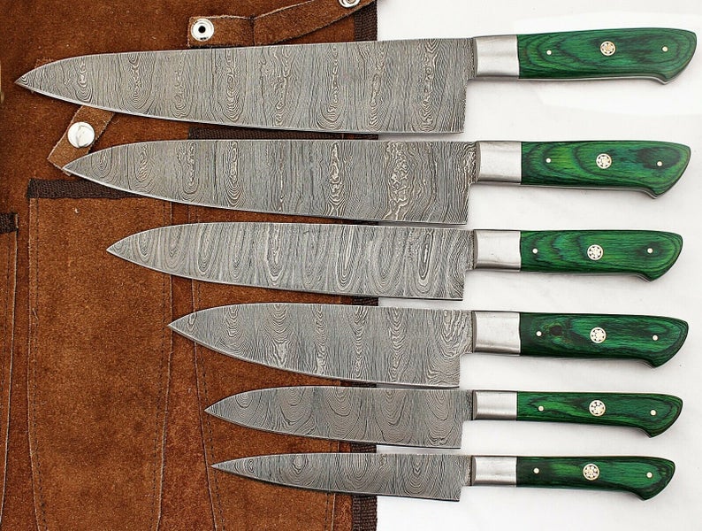Set of 6 Custom Hand Made Damascus Steel Chef Knifes with Colored Wooden Handle