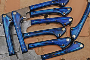 Set of 9 Custom Made Damascus Steel Chef Knifes Set with Blue Pakka Wood Handle