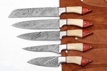 Load image into Gallery viewer, Set of 5 Custom Handmade Damascus Steel Chef Knife with Bone &amp; Wood Handle