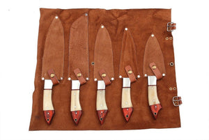 Set of 5 Custom Handmade Damascus Steel Chef Knife with Bone & Wood Handle