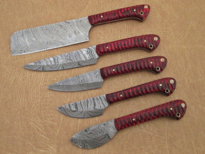 Set of 5 Custom Hand Made Damascus Steel Chef Knife with Red Colored Wood Handle