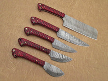 Load image into Gallery viewer, Set of 5 Custom Hand Made Damascus Steel Chef Knife with Red Colored Wood Handle
