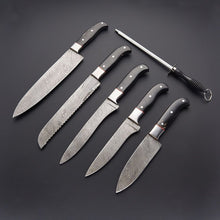 Load image into Gallery viewer, Set of 6 Custom Handmade Damascus Steel Chef Knife Set with Bull Horn Handle