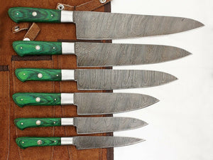 Set of 6 Custom Hand Made Damascus Steel Chef Knifes with Colored Wooden Handle