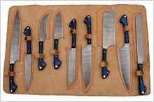 Load image into Gallery viewer, Set of 9 Custom Made Damascus Steel Chef Knifes Set with Blue Pakka Wood Handle