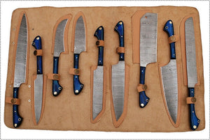 Set of 9 Custom Made Damascus Steel Chef Knifes Set with Blue Pakka Wood Handle
