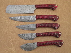 Set of 5 Custom Hand Made Damascus Steel Chef Knife with Red Colored Wood Handle