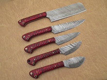 Load image into Gallery viewer, Set of 5 Custom Hand Made Damascus Steel Chef Knife with Red Colored Wood Handle