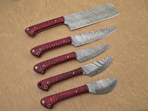 Set of 5 Custom Hand Made Damascus Steel Chef Knife with Red Colored Wood Handle