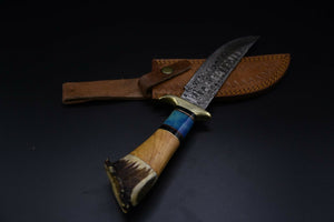 Custom Hand Made Damascus Steel Splendid Bowie Knife with Crown Stag, Olive Wood & Colored Bone