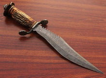Load image into Gallery viewer, Custom Hand Made Damascus Steel Hunting Crown Stag Bowie Knife