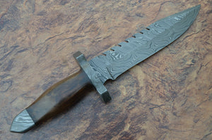 Custom Handmade Damascus Steel Bowie Knife with Wood Handle