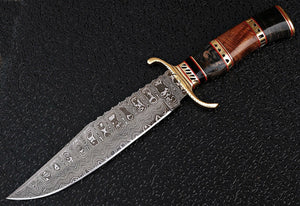 Custom Handmade Damascus Steel Bowie Knife with Colored Wood Handle