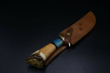 Load image into Gallery viewer, Custom Hand Made Damascus Steel Splendid Bowie Knife with Crown Stag, Olive Wood &amp; Colored Bone