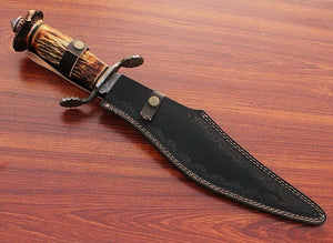 Custom Hand Made Damascus Steel Hunting Crown Stag Bowie Knife