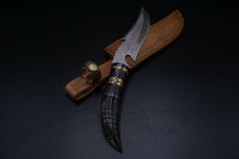Load image into Gallery viewer, Custom Handmade Damascus Steel Bowie Knife with Horn Handle